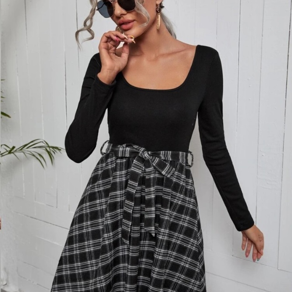 Plaid Scoop Neck Belted Combo Dress - Picture 2 of 5